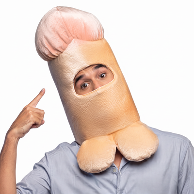 Man wearing the Big Head Energy plush party mask
