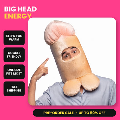 Big Head Energy mask features: keeps you warm, goggle friendly, one size, free shipping