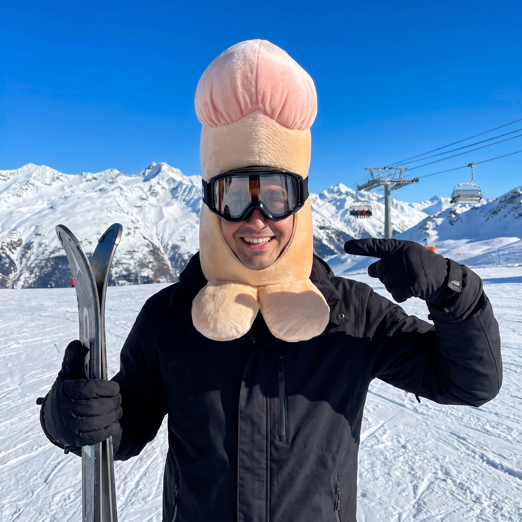Skier wearing the Big Head Energy mask with goggles on a ski slope